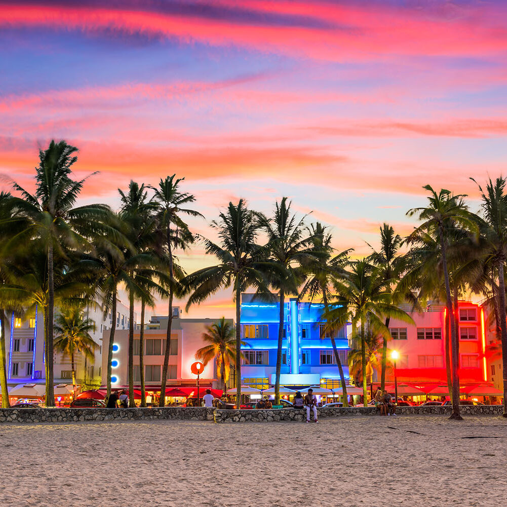 South Beach palms and Art Deco hotels at sunset