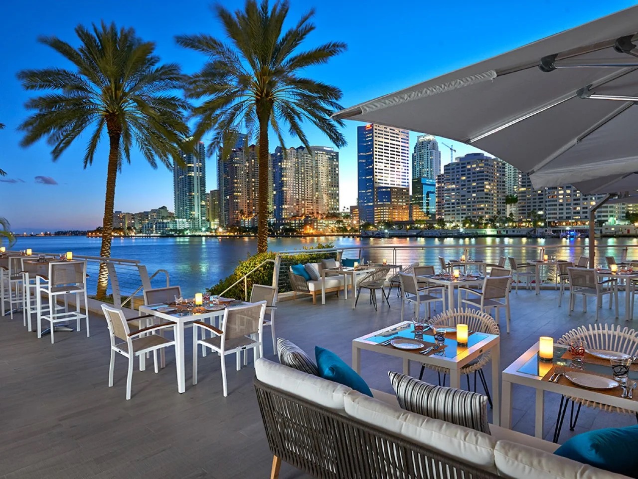 Waterfront Miami restaurant at night