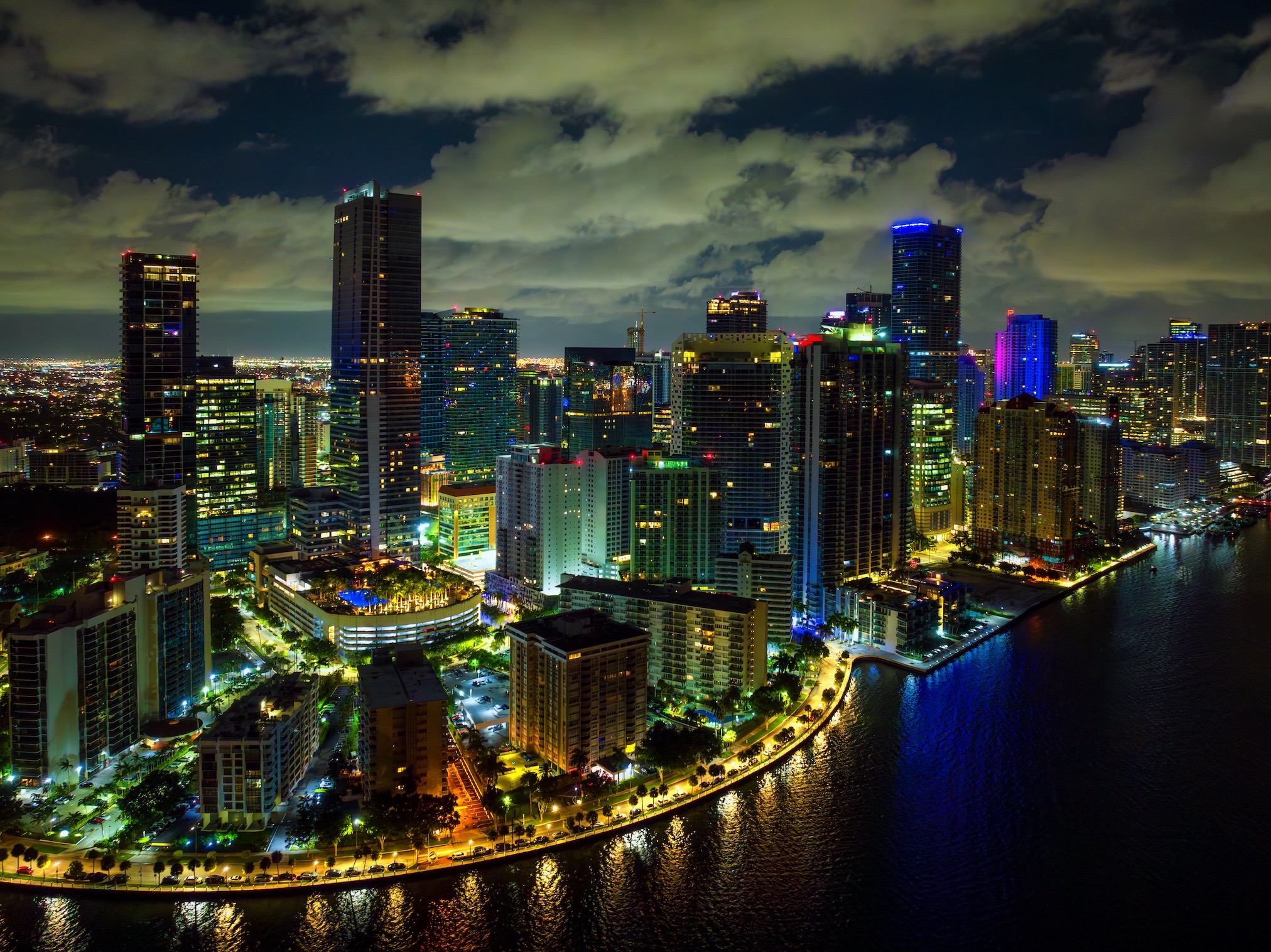 Aerial view of the illuminated Miami skyline at night